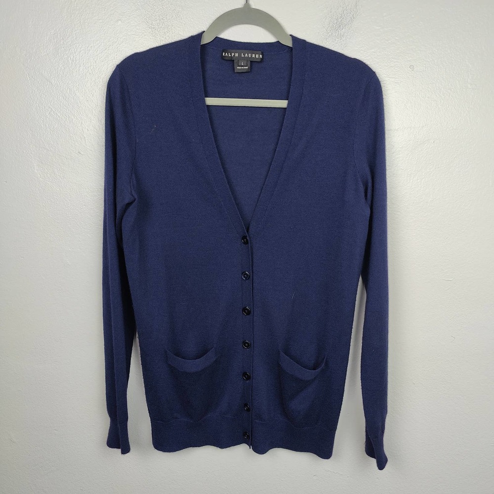 Ralph Lauren Black Label Cardigan Sweater Womens Large Navy Blue V-Neck Buttoned